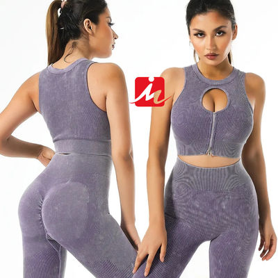 Damen 5-teiliger Sport-BH und Leggings, nahtlos, gerippt, Fitness-Sets, Sportbekleidung