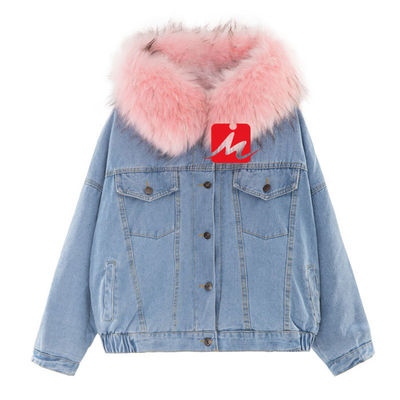 Mezclilla-Stickerei-Denim-Jacken schwere Chamarra-Dama-Winter-Knopf-Pelz-Denim-Jacke