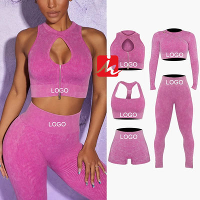 Damen 5-teiliger Sport-BH und Leggings, nahtlos, gerippt, Fitness-Sets, Sportbekleidung